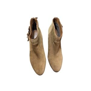 Violet & Red Tan Suede Ankle Rodeo Wester Block Heel Booties Fringe Detail 9.5